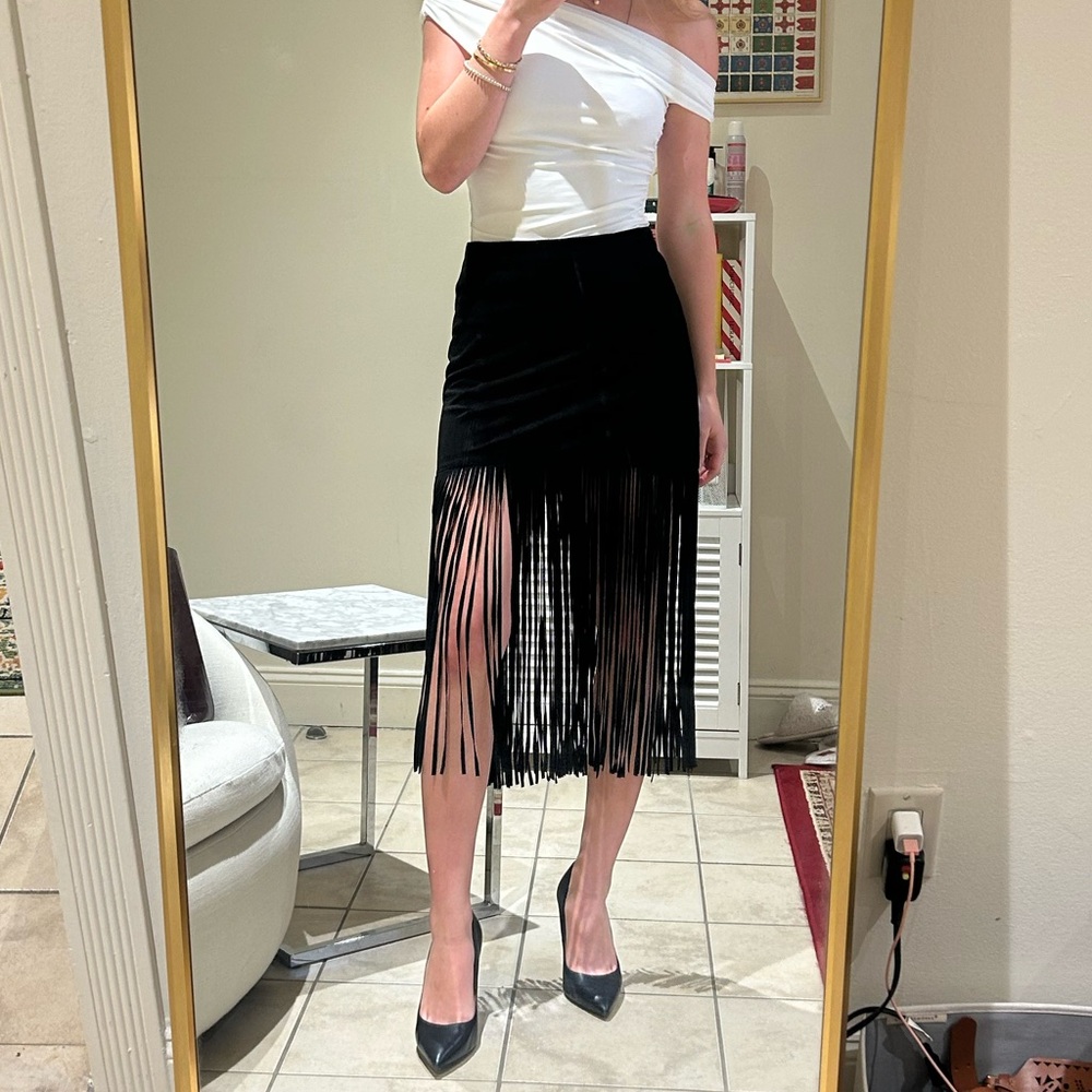 Alice + Olivia Black Suede Fringe Skirt